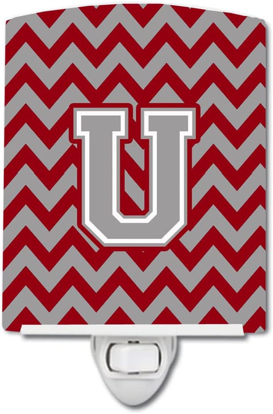 Caroline's Treasures CJ1043-UCNL Letter U Chevron Crimson and Grey Ceramic Night Light Compact, UL-Certified, Ideal for Bedroom, Bathroom, Nursery, Hallway, Kitchen, 6x4x3, Multicolor