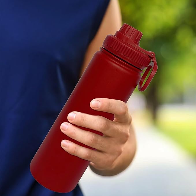 22oz Insulated Water Bottle ，Stainless Steel Sports Water Cup Flask with 2 Lids, Wide Mouth Travel Thermal Mug,Outdoor Sports Bottle（Deep red）