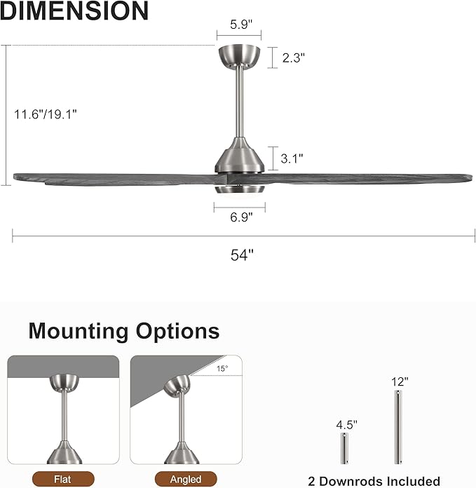 54 Inch Modern Ceiling Fan with Lights and Remote, 5 Wood Blades, 6-Speed Noiseless Reversible DC Motor with Replaceable Downrods for Bedroom Living Room Dining Room, Nickel and Gray