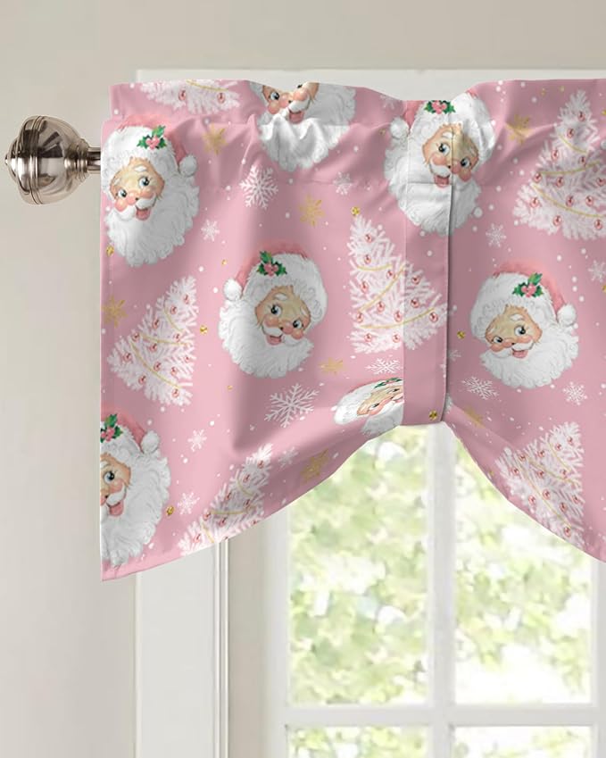 Pink Christmas Blackout Tie Up Valance Curtains for Kitchen Windows Santa Claus Merry Christmas Tree Window Toppers Balloon Shades for Living Room/Bathroom/Bedroom,1 Panel, 60" X 18", Winter Snowflake