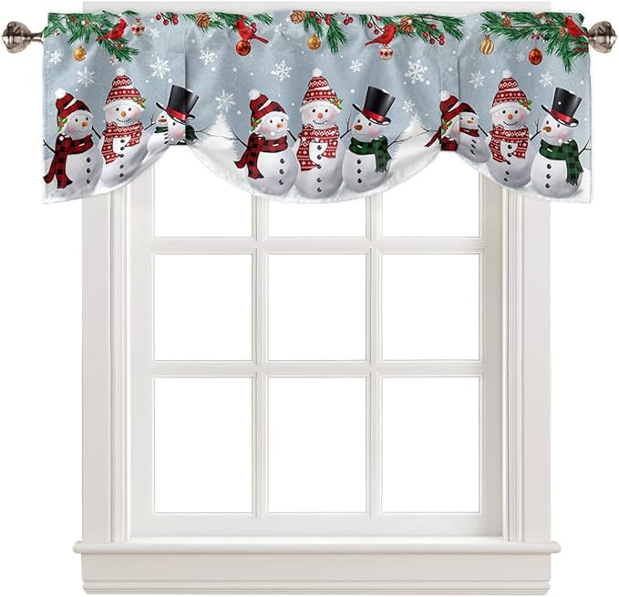 Christmas Blackout Tie Up Valance Curtains for Kitchen Windows Snowman Cardinal Window Toppers Balloon Shades for Living Room/Bathroom/Bedroom,1 Panel,54" X 18" Bluish Grey Winter Holiday