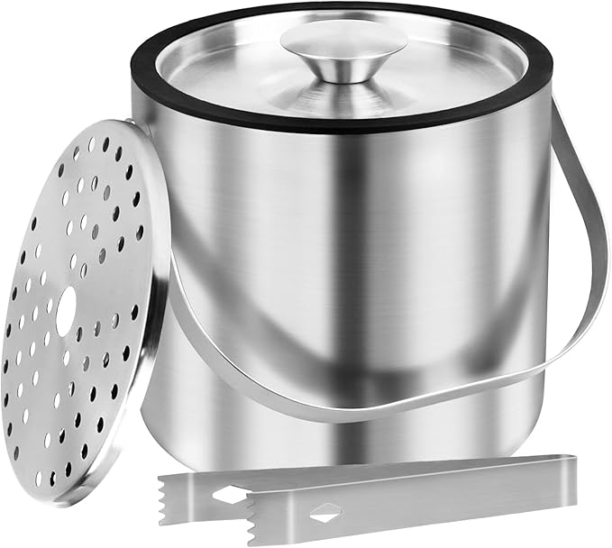 3L Double Wall Ice Bucket with Silicone Lid, Tongs & Strainer, Insulated Ice Buckets for Parties & Cocktail Bar,[Silicone Lid for Longer Ice] Large Wine Bar Bucket Stainless Champagne Chiller