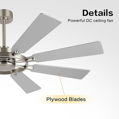 60 Inch Ceiling Fan without Lights, Wood 8 Blades 6-Speed Noiseless Reversible DC Motor, Modern Large Remote Control Ceiling Fan for Bedroom Dining Living Room, Nickel Finish+Silver