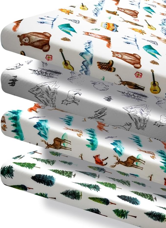 4 Pack N Play Sheets Woodland Forest Animals Wood Neutral Unisex Fitted Baby N Play Sheets Fitted for Standard Pack and Plays and Mini Cribs Set for Baby Boys or Girls