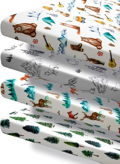 4 Pack N Play Sheets Woodland Forest Animals Wood Neutral Unisex Fitted Baby N Play Sheets Fitted for Standard Pack and Plays and Mini Cribs Set for Baby Boys or Girls