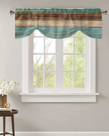 Farmhouse Blackout Tie Up Valance Curtains for Kitchen Windows Teal Turquoise Green Brown Country Window Toppers Balloon Shades for Living Room/Bathroom/Bedroom,60" X 18" Retro Rustic Barn Wood