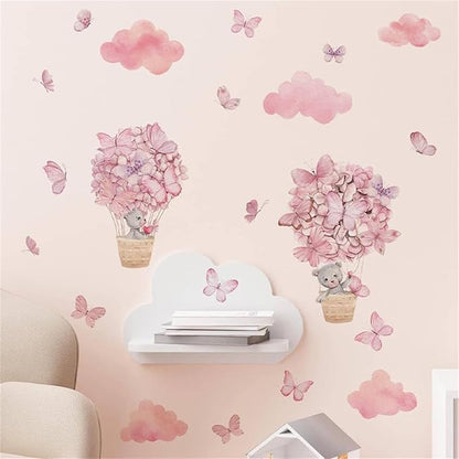 Bear Flower Butterfly Pink Clouds Wall Stickers for Girls Room Hot Air Balloon Baby Nursery Decor Wall Decal