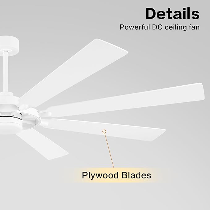 80" Ceiling Fan with Lights and Remote Control, Wood 8 Blades 6-Speed Noiseless Reversible DC Motor, 3 Downrods, Modern Large Ceiling fan for Covered Patio Bedroom Living Room Office, White