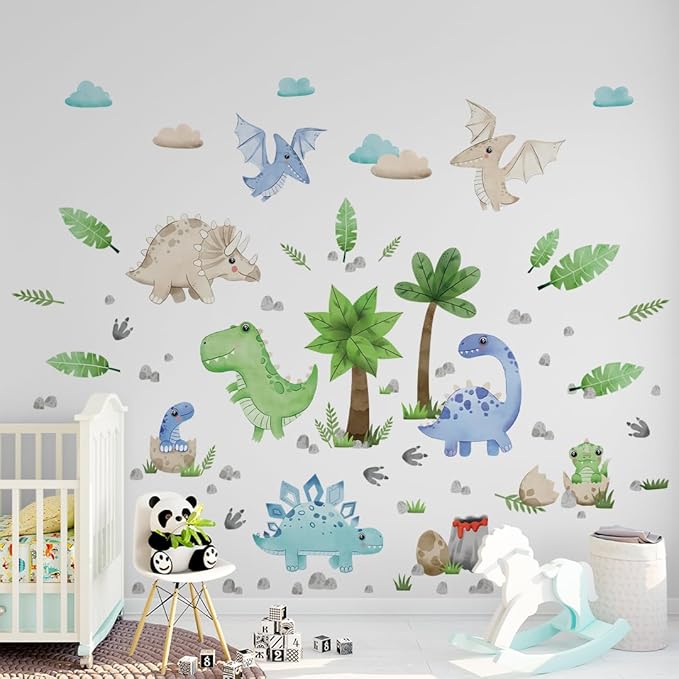 Dinosaur Wall Decals by Lipastick - Watercolour Dinosaur Kids Wall Stickers - Dinosaur Footprints Silhouettes Decals for Walls – Peel and Stick Decal for Kids Bedroom Nursery S Size