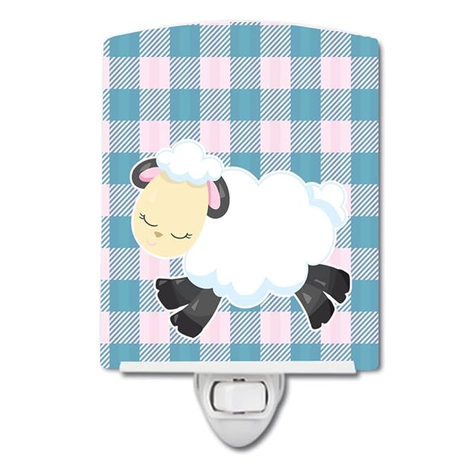 Caroline's Treasures BB6874CNL Sheep on Blue Gingham Ceramic Night Light Compact, UL-Certified, Ideal for Bedroom, Bathroom, Nursery, Hallway, Kitchen, 6x4x3, Multicolor