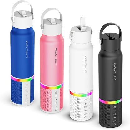 Smart Water Bottle with Premium Bluetooth Speaker, Portable Charger, LED Light, Hands-Free Mic, Insulated Stainless Steel, Straw Lid, BPA-Free, 20oz - Mix & Match Colorways