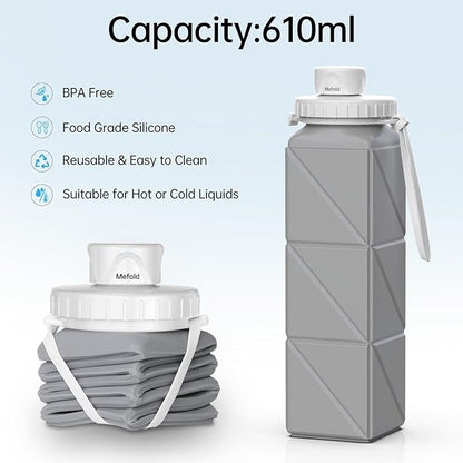 Foldable Water Bottle for Travel Cycling Gym Camping Sports,Leakproof Lid,Food Grade BPA-Free Silicone Travel Bottles 610ml -Lightweight 21oz Portable,Wide Mouth ,Durable,Collapsible Water Bottle