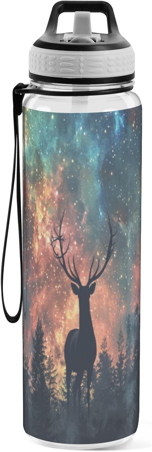 senya Magic Forest Deer Sport Water Bottle with Straw Tritan Clear Bottle for Outdoor Gym Travel