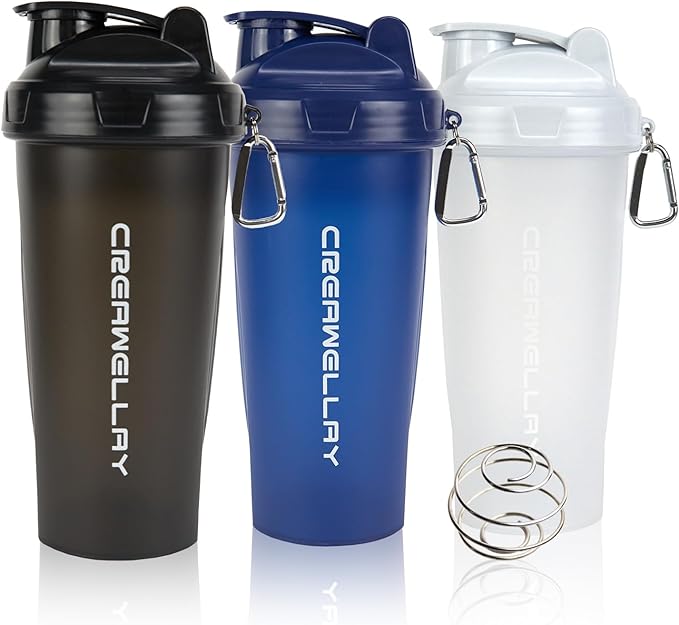 3 Pack Protein Shaker Bottle, 24 oz Protein Shaker Cup with Wire Shaker Ball for Pre Workout, Shake Bottle with Carrying Handle, BPA-Free & Dishwasher Safe (Black, White, Blue)