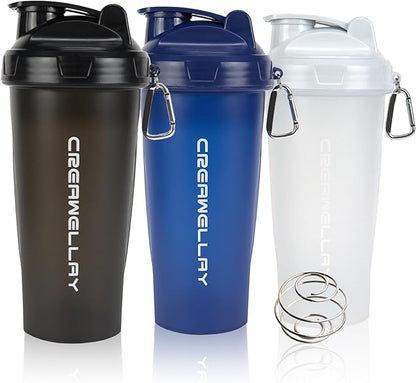 3 Pack Protein Shaker Bottle, 24 oz Protein Shaker Cup with Wire Shaker Ball for Pre Workout, Shake Bottle with Carrying Handle, BPA-Free & Dishwasher Safe (Black, White, Blue)