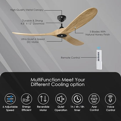 3MAVSM60MBKNH Smart Maverick Ceiling Fan with Remote Control, Indoor or Outdoor, Compatible with Alexa & Google Voice (Midnight Black with Natural Honey Blades, 60-inch)