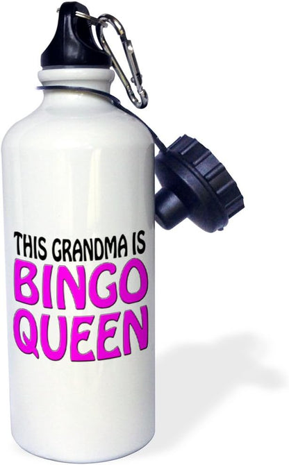 3dRose This Grandma Is Bingo Queen, Hot Pink, Sports Water Bottle, 21 oz, White