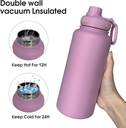 32oz Insulated Water Bottle ，Stainless Steel Sports Water Cup Flask with 2 Lids, Wide Mouth Travel Thermal Mug,Outdoor Sports Bottle（Jelly Purple）