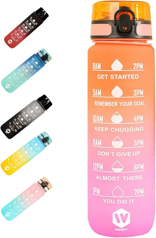 32 oz Water Bottle with Time Marker- Leak-Proof & BPA Free Reusable Gym Water Bottle - Easy to Carry Motivational Water Bottle for Fitness, Sports, Outdoor, Cycling, School (Pink & Orange)