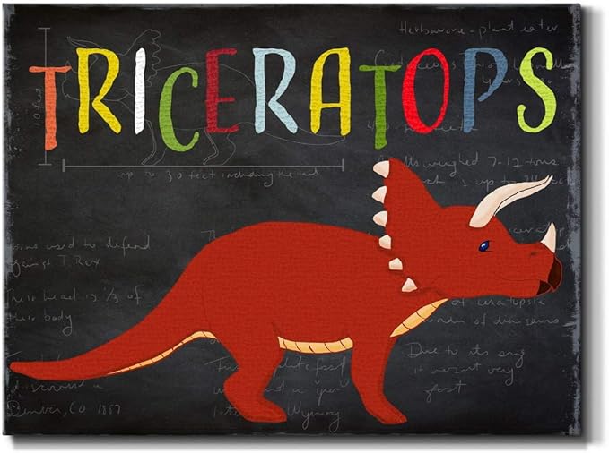 Renditions Gallery Canvas Animal Wall Art Modern Decorations Paintings Colorful Playful Triceratops Vibrant Dinosaur Canvas Wall Hanging Artwork for Kids Bedroom Nursery - 24"x36" LT33