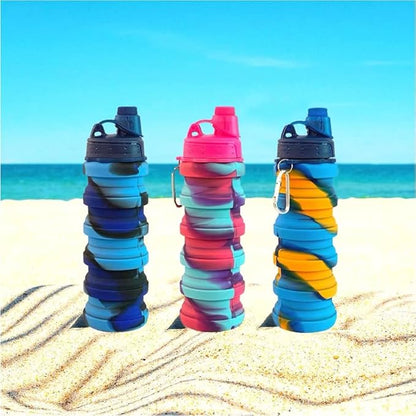 Collapsible Water Bottles 3 pack Travel Water Bottle Portable Hiking Water Bottle with Leak proof Twist Cap 500ML Reusable BPA Free Silicone Water Bottles with Carabiner. (Colorful)