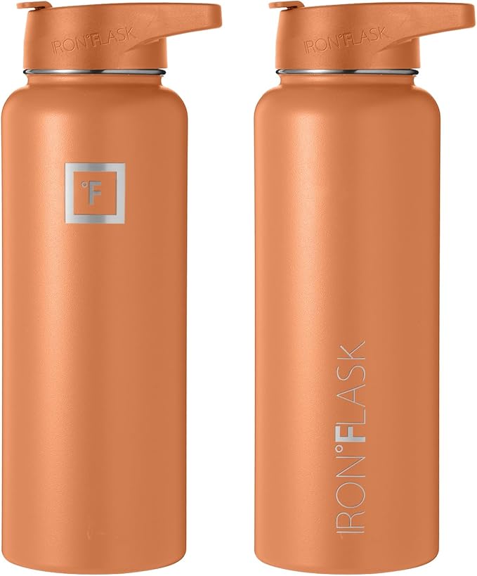 IRON °FLASK Sports Water Bottle - Wide Mouth with 3 Spout Lids - Stainless Steel Gym & Outdoor Bottles for Men, Women & Kids - Double Walled, Insulated Thermos, Metal Canteen - Clementine, 40 Oz