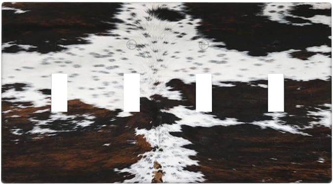 Western Farm Highland Cow Cowhide Quad Toggle Light Switch Cover Decorative 4 Gang Wall Plate Electrical Faceplate Switchplate for Farmhouse Bathroom Bedroom Living Room Decor