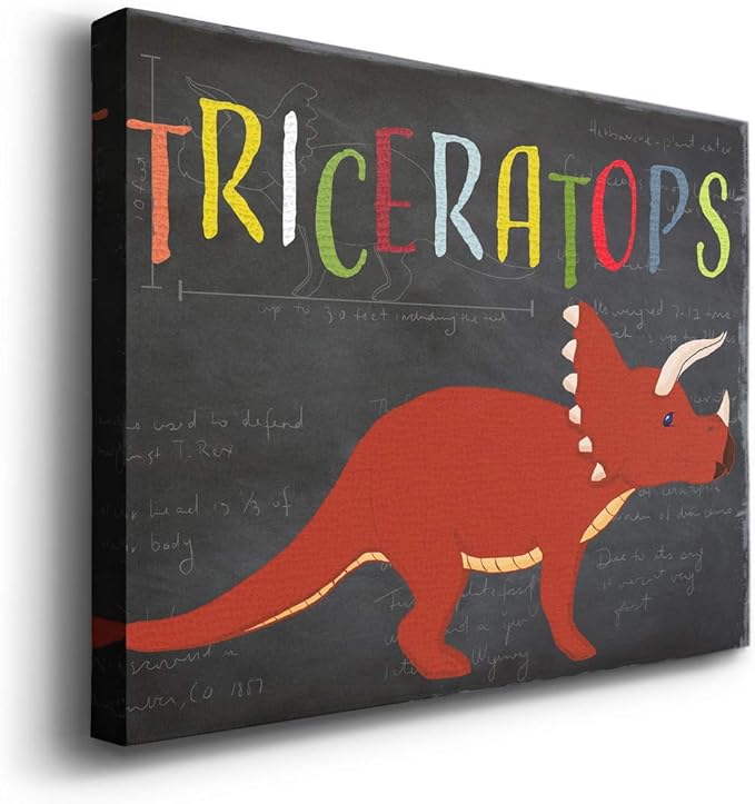Renditions Gallery Canvas Animal Wall Art Modern Decorations Paintings Colorful Playful Triceratops Vibrant Dinosaur Canvas Wall Hanging Artwork for Kids Bedroom Nursery - 32"x48" LT33