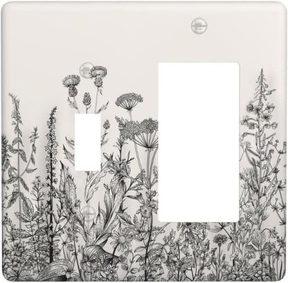 Vintage Grey Floral Herbs Wild Flowers Botanical 2 Gang Single Toggle Rocker Combination Boho Light Switch Covers Decorative Country Unique Wall Plate Cover Electrical Faceplate Switchplate