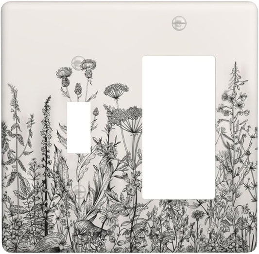 Vintage Grey Floral Herbs Wild Flowers Botanical 2 Gang Single Toggle Rocker Combination Boho Light Switch Covers Decorative Country Unique Wall Plate Cover Electrical Faceplate Switchplate
