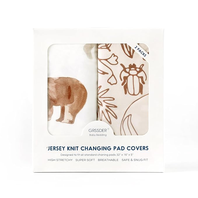 GRSSDER Stretchy Ultra Soft Jersey Knit Changing Pad Cover Set 2 Pack, Change Table Pad Covers Fit 32"/34" x 16" Pads Safe and Snug, Cute Diaper Changing Pad Covers of Sunny Bear Print