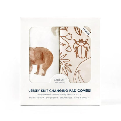 GRSSDER Stretchy Ultra Soft Jersey Knit Changing Pad Cover Set 2 Pack, Change Table Pad Covers Fit 32"/34" x 16" Pads Safe and Snug, Cute Diaper Changing Pad Covers of Sunny Bear Print