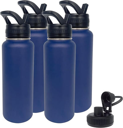 4pack 40 oz Insulated Water Bottle With Straw, Stainless Steel Sports Water Cup Flask with 2 Lids, Wide Mouth Travel Thermal Mug,Navy