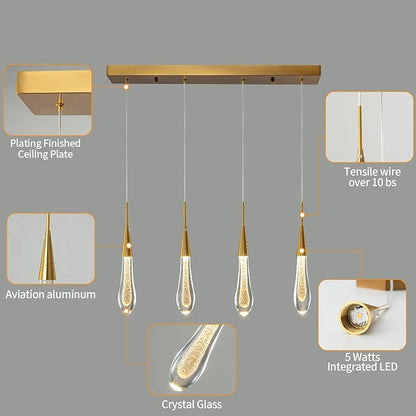LMQNINE Kitchen Light Fixtures Ceiling Dimmable LED Modern Gold Pendant Light Mini Teardrop Crystal Pendant Light for Kitchen Island Bedroom Hallway Entryway (4-Light) (020)