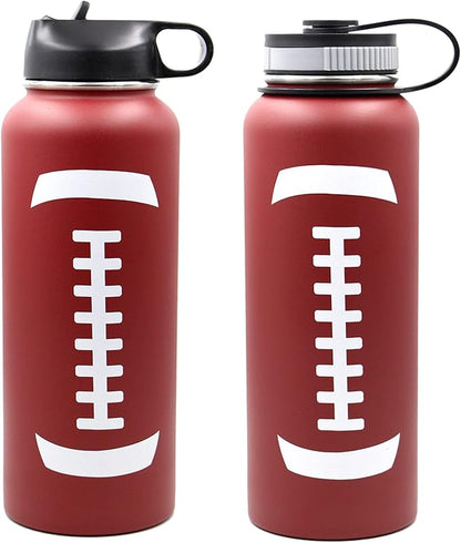 40 oz Football Water Bottle, Sports Water Bottles with 2 Lids 18/8 Stainless Steel Travel Tumbler Double Wall Vacuum Insulated Hot/Cold Standard Metal Canteen (40oz, Football)