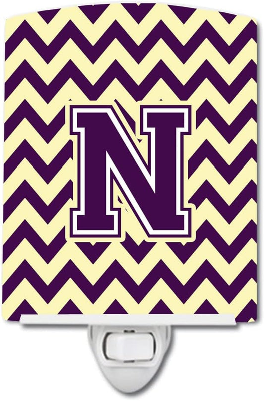 Caroline's Treasures CJ1058-NCNL Letter N Chevron Purple and Gold Ceramic Night Light Compact, UL-Certified, Ideal for Bedroom, Bathroom, Nursery, Hallway, Kitchen, 6x4x3, Multicolor