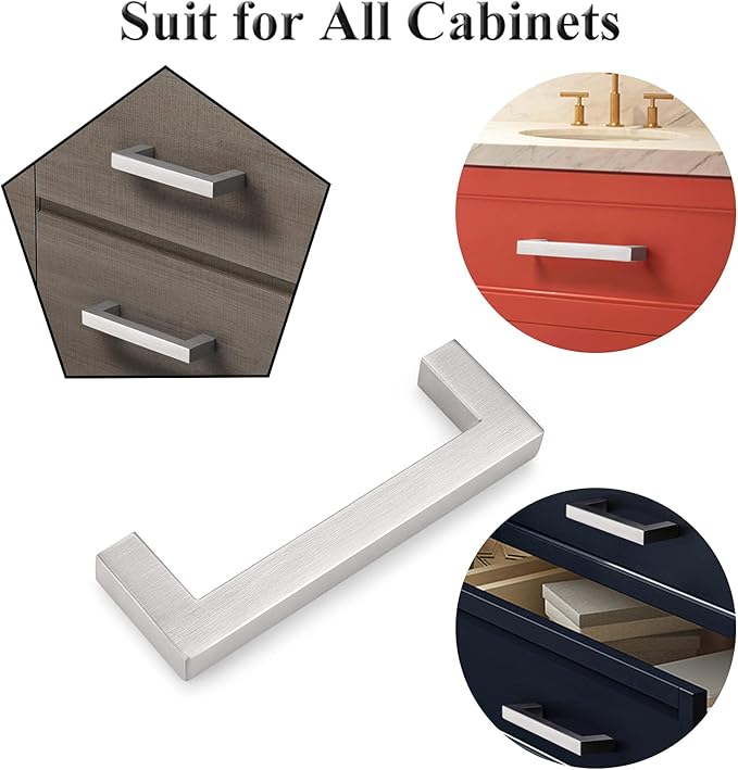 Probrico (10 Pack Kitchen Cabinet Handles 3-3/4" Holes Centers Stainless Steel Square Drawer Pulls Brushed Nickel 4-1/4" Overall Length