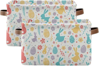 Happy Easter Day Eggs Bunny Storage Basket Fabric Laundry Baskets Easter Rabbit Peeps Spring Flowers Storage Boxes Organizer Bag for Baby Cloth Toy Book Storage Cubes Shelf Closet Bins 16×12×8 Inches