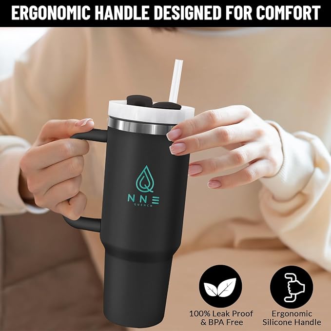 40oz stainless Steel Insulated Tumbler with Handle, lid and straw for cold water, Iced tea, or coffee - 100% Leak-Proof - Cupholder Friendly Travel Mug- Gifts for Women Men Him Her (Black)