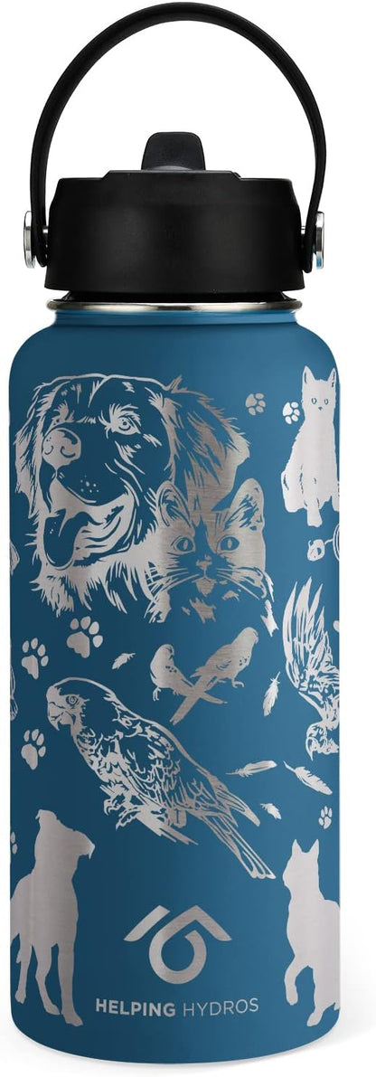 Animal Rescue Water Bottle with Straw Lid | 32 oz Engraved Stainless Steel Insulated with Strap | Best Friends, Pets, and Animals Themed