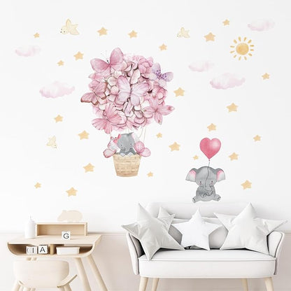 Pink Butterfly Hot Air Balloon Elephant Wall Decor for Baby Girl Room Star Cloud Nursery Wall Decal Stickers