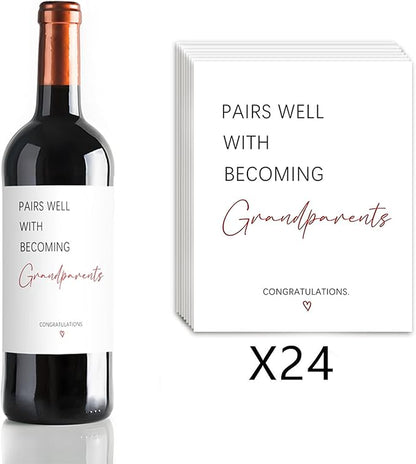 24 Pcs Funny New Grandparent Wine Label New Baby Wine Bottle Labels Pairs Well with Becoming Grandparents Wine Bottle Stickers Pregnancy Announcements Gifts