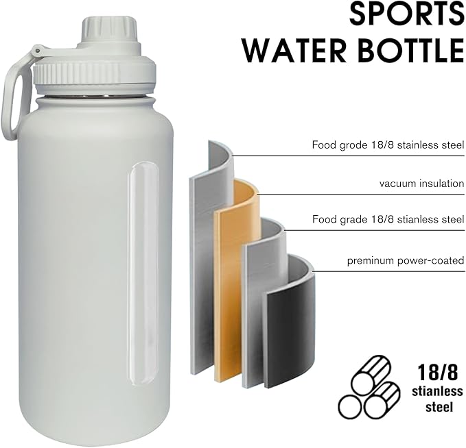 32oz Insulated Water Bottle ，Stainless Steel Sports Water Cup Flask with 2 Lids, Wide Mouth Travel Thermal Mug,Outdoor Sports Bottle（white）