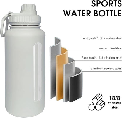 32oz Insulated Water Bottle ，Stainless Steel Sports Water Cup Flask with 2 Lids, Wide Mouth Travel Thermal Mug,Outdoor Sports Bottle（white）