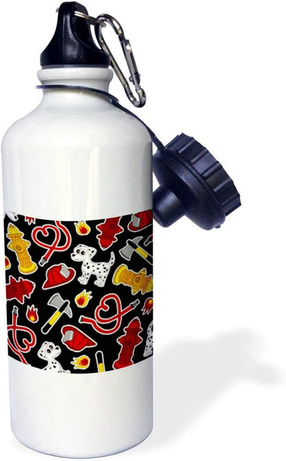 3dRose Cute Fireman-Firefighter Love Pattern Black-Sports Water Bottle, 21oz , Multicolored