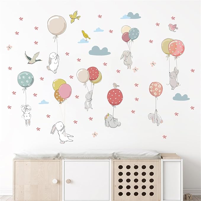 Colorful Balloon Cute Rabbit Wall Decal Floral Cloud Bunny Wall Stickers Nursery for Bedroom Girls Decor