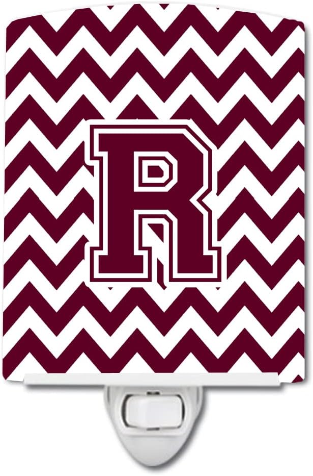 Caroline's Treasures CJ1051-RCNL Letter R Chevron Maroon and White Ceramic Night Light Compact, UL-Certified, Ideal for Bedroom, Bathroom, Nursery, Hallway, Kitchen, 6x4x3, Multicolor