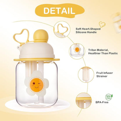 27oz Toddler Water Bottle, Tritan Sports Water Bottle with Straw, Plastic Water Bottle with Soft Strap, Kids Water Bottle for School, Includes Fruit Infuser Strainer, Leak-Proof, BPA Free, Yellow