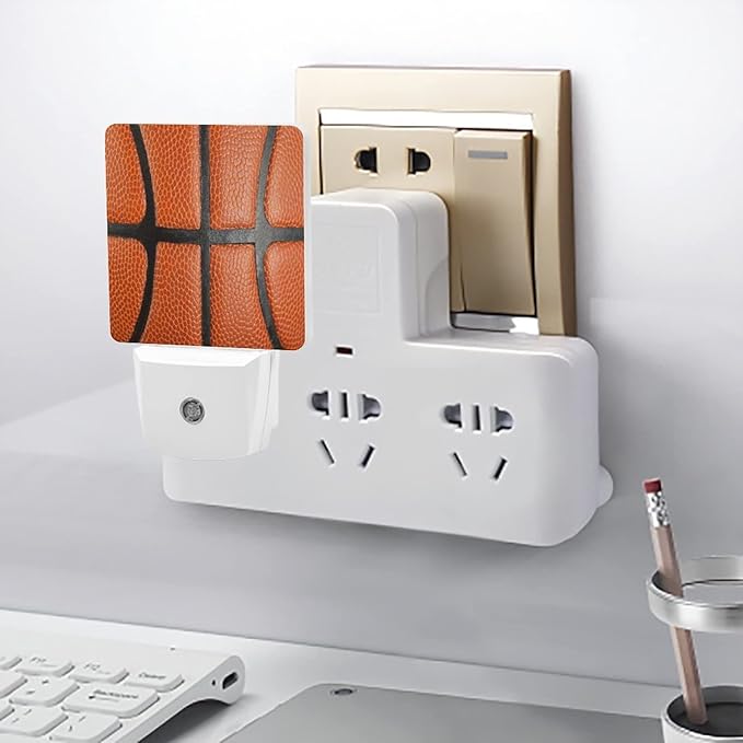 LED Night Lights Lamp with Dusk to Dawn Sensor, Orange Leather Textured Basketball Night Lamp, Night Lights Plug Into Wall for Kids Room, Bedroom, Bathroom, Kitchen, Hallway