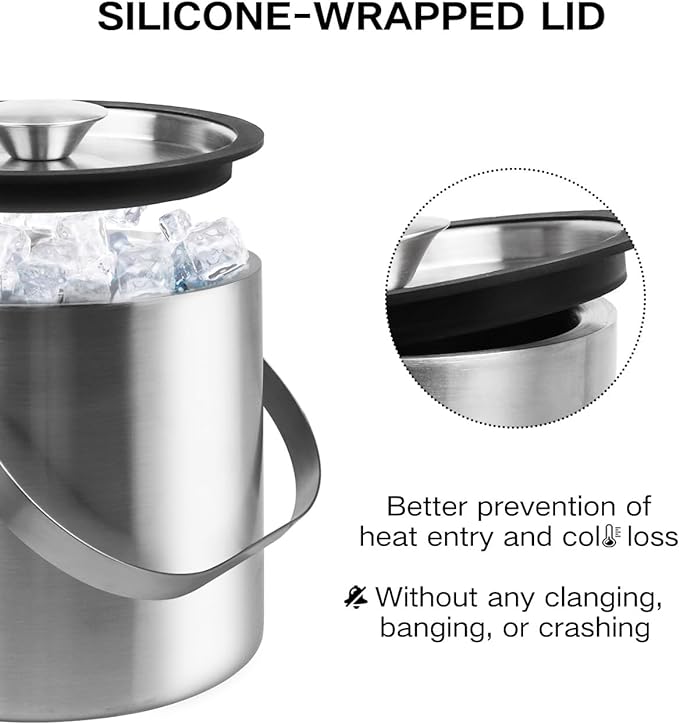 3L Double Wall Ice Bucket with Silicone Lid, Tongs & Strainer, Insulated Ice Buckets for Parties & Cocktail Bar,[Silicone Lid for Longer Ice] Large Wine Bar Bucket Stainless Champagne Chiller